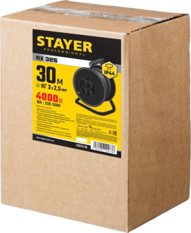 Удлинитель силовой Stayer 55076-30_z01 3x2.5кв.мм 4розет. 30м КГ катушка черный от магазина РЭССИ