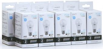 Лампа светодиодная Gauss Elementary 15Вт цок.:E27 груша 220B 6500K св.свеч.бел.хол. A60 (упак.:10шт) (23235) от магазина РЭССИ