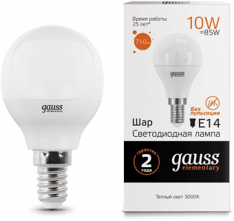 Лампа светодиодная Gauss Elementary 10Вт цок.:E14 шар 220B 3000K св.свеч.бел.теп. (упак.:10шт) (53110) от магазина РЭССИ
