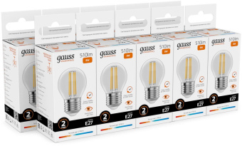 Лампа филам. Gauss Filament 8Вт цок.:E27 шар св.свеч.бел.теп. (упак.:10шт) (52218) от магазина РЭССИ