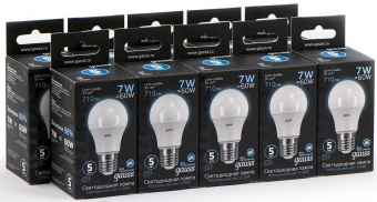 Лампа светодиодная Gauss 7Вт цок.:E27 шар 220B 4100K св.свеч.бел.ней. A60 (упак.:10шт) (102502207) от магазина РЭССИ