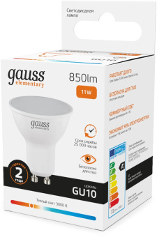 Лампа светодиодная Gauss Elementary 13611 11Вт цок.:GU10 софит 180B св.свеч.бел.теп. (упак.:10шт) от магазина РЭССИ
