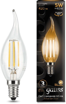 Лампа филам. Gauss Filament 5Вт цок.:E14 свеча 220B 2700K св.свеч.бел.теп. (упак.:10шт) (104801105) от магазина РЭССИ