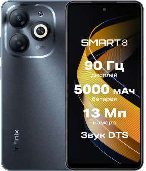 Смартфон Infinix X6525 Smart 8 128Gb 4Gb черный моноблок 3G 4G 2Sim 6.56" 720x1612 Android 13 13Mpix 802.11 a/b/g/n/ac GPS GSM900/1800 GSM1900 TouchSc Protect FM A-GPS Micro SD max2048Gb от магазина РЭССИ