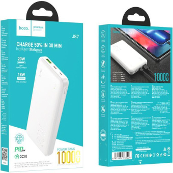 Мобильный аккумулятор Hoco J87 Tacker 10000mAh QC3.0/PD3.0 20W 3A USB-A/USB-C белый (J87 TACKER WHITE) от магазина РЭССИ
