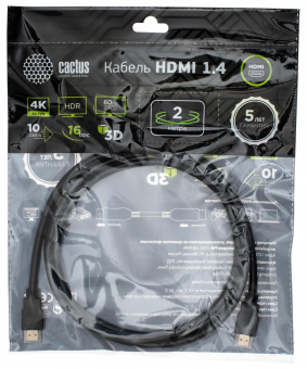 Кабель аудио-видео Cactus CS-HDMI.1.4-2 HDMI (m)/HDMI (m) 2м. Позолоченные контакты черный от магазина РЭССИ