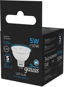 Лампа светодиодная Gauss 201505305 5Вт цок.:GU5.3 рефлек. 12B 6500K св.свеч.бел.хол. (упак.:1шт) от магазина РЭССИ
