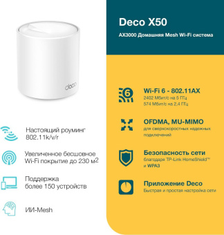 Бесшовный Mesh роутер TP-Link Deco X50(1-Pack) AX3000 10/100/1000BASE-TX белый (упак.:1шт) от магазина РЭССИ