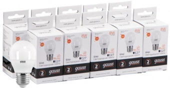 Лампа светодиодная Gauss Elementary 8Вт цок.:E27 шар 220B 3000K св.свеч.бел.теп. (упак.:10шт) (53218) от магазина РЭССИ