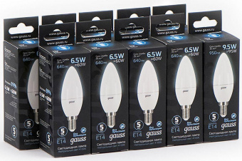 Лампа светодиодная Gauss Black 6.5Вт цок.:E14 свеча 220B 4100K св.свеч.бел.ней. C37 (упак.:10шт) (103101207) от магазина РЭССИ