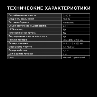 Пылесос Hyundai HYV-C5450 2200Вт черный/оранжевый от магазина РЭССИ