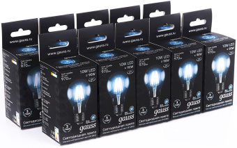 Лампа филам. Gauss 10Вт цок.:E27 шар 220B 4100K св.свеч.бел.ней. A60 (упак.:10шт) (102802210) от магазина РЭССИ