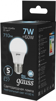 Лампа светодиодная Gauss 7Вт цок.:E27 шар 220B 4100K св.свеч.бел.ней. A60 (упак.:10шт) (102502207) от магазина РЭССИ