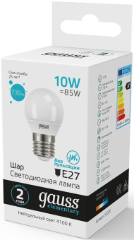 Лампа светодиодная Gauss Elementary 10Вт цок.:E27 шар 220B 4100K св.свеч.бел.нейт. (упак.:10шт) (53220) от магазина РЭССИ