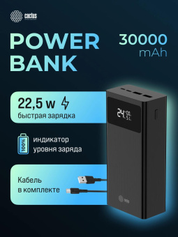 Мобильный аккумулятор Cactus CS-PBFSKA-30000 30000mAh 22.5W 4.5A USB-A/USB-C черный от магазина РЭССИ
