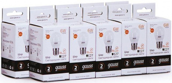 Лампа светодиодная Gauss Elementary 6Вт цок.:E27 шар 220B 3000K св.свеч.бел.теп. (упак.:10шт) (53216) от магазина РЭССИ