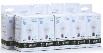 Лампа светодиодная Gauss Elementary 20Вт цок.:E27 груша 220B 6500K св.свеч.бел.хол. A60 (упак.:10шт) (23239) от магазина РЭССИ