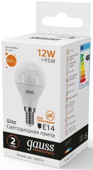 Лампа светодиодная Gauss Elementary 12Вт цок.:E14 шар 220B 3000K св.свеч.бел.теп. (упак.:10шт) (53112) от магазина РЭССИ