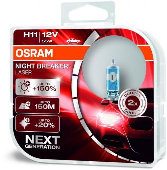 Автолампа 2 шт. OSRAM H11 55 PGJ19-2+150% NIGHT LASER 3750K 12V 110 64211NL-HCB от магазина РЭССИ