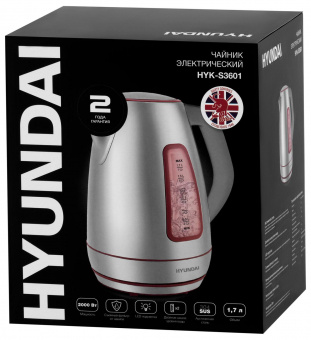 Чайник электрический Hyundai HYK-S3601 1.7л. 2000Вт серебристый/красный (корпус: нержавеющая сталь) от магазина РЭССИ