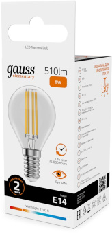 Лампа филам. Gauss Filament 8Вт цок.:E14 шар св.свеч.бел.теп. (упак.:10шт) (52118) от магазина РЭССИ