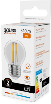 Лампа филам. Gauss Filament 8Вт цок.:E27 шар св.свеч.бел.теп. (упак.:10шт) (52218) от магазина РЭССИ