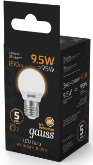 Лампа светодиодная Gauss 9.5Вт цок.:E27 шар 220B 3000K св.свеч.бел.теп. P45 (упак.:1шт) (105102110) от магазина РЭССИ