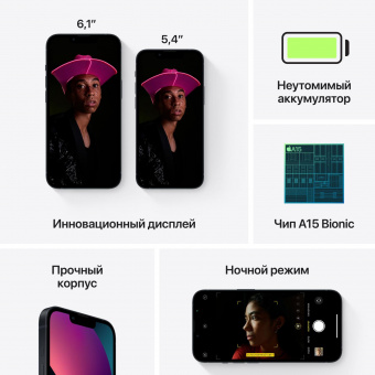 Смартфон Apple A2481 iPhone 13 mini 128Gb 4Gb темная ночь моноблок 3G 4G 1Sim 5.4" 1080x2340 iOS 16 12Mpix 802.11 a/b/g/n/ac/ax NFC GPS GSM900/1800 GSM1900 TouchSc Protect от магазина РЭССИ