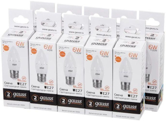 Лампа светодиодная Gauss Elementary 6Вт цок.:E27 свеча 220B 2700K св.свеч.бел.теп. С35 (упак.:1шт) (33216) от магазина РЭССИ