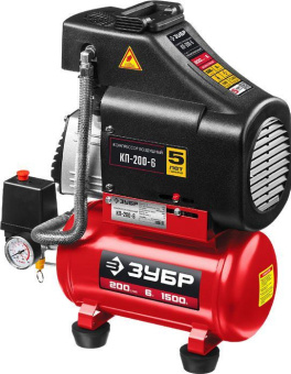 Компрессор поршневой Зубр КП-200-6 безмасляный 200л/мин 6л 1500Вт красный от магазина РЭССИ