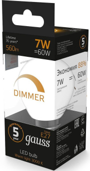 Лампа светодиодная Gauss 7Вт цок.:E27 шар 220B 3000K св.свеч.бел.теп. (упак.:10шт) (105102107-D) от магазина РЭССИ