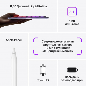 Планшет Apple iPad mini 2021 A2567 A15 Bionic 6С ROM256Gb 8.3" IPS 2266x1488 iOS фиолетовый 12Mpix 12Mpix BT WiFi Touch 10hr от магазина РЭССИ