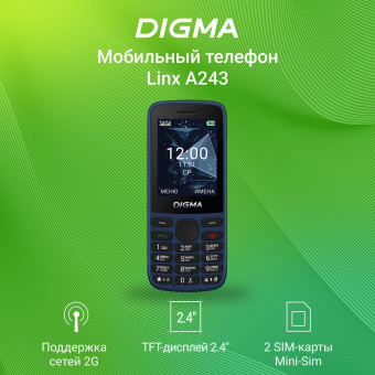 Мобильный телефон Digma A243 Linx 32Mb темно-синий моноблок 2Sim 2.4" 240x320 GSM900/1800 GSM1900 microSD max32Gb от магазина РЭССИ