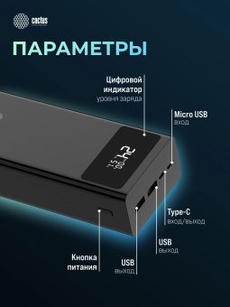 Мобильный аккумулятор Cactus CS-PBFSKA-30000 30000mAh 22.5W 4.5A USB-A/USB-C черный от магазина РЭССИ