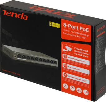 Коммутатор Tenda TEF1110P-8-63W (L2) 10x100Мбит/с 8PoE 58W неуправляемый от магазина РЭССИ