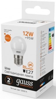 Лампа светодиодная Gauss Elementary 12Вт цок.:E27 шар 220B 3000K св.свеч.бел.теп. (упак.:10шт) (53212) от магазина РЭССИ