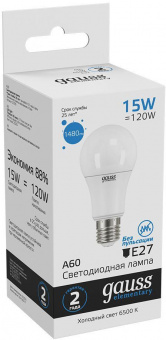 Лампа светодиодная Gauss Elementary 15Вт цок.:E27 груша 220B 6500K св.свеч.бел.хол. A60 (упак.:10шт) (23235) от магазина РЭССИ
