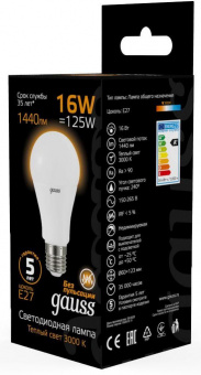 Лампа светодиодная Gauss 16Вт цок.:E27 шар 220B 3000K св.свеч.бел.теп. A60 (упак.:10шт) (102502116) от магазина РЭССИ