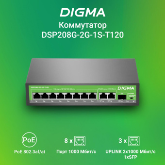 Коммутатор Digma DSP208G-2G-1S-T120 (L2) 10x1Гбит/с 1SFP 8PoE 8PoE+ 120W неуправляемый от магазина РЭССИ
