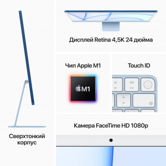 Моноблок Apple iMac A2438 24" 4.5K M1 8 core 8Gb SSD512Gb 8 core GPU macOS GbitEth WiFi BT клавиатура мышь Cam синий 4480x2520 от магазина РЭССИ