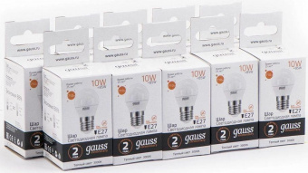 Лампа светодиодная Gauss Elementary 10Вт цок.:E27 шар 220B 3000K св.свеч.бел.теп. (упак.:10шт) (53210) от магазина РЭССИ