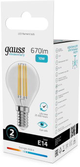 Лампа филам. Gauss Filament 10Вт цок.:E14 шар св.свеч.бел.нейт. (упак.:10шт) (52120) от магазина РЭССИ
