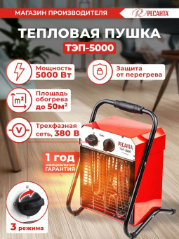 Тепловая пушка электрическая Ресанта ТЭП-5000 5000Вт красный от магазина РЭССИ