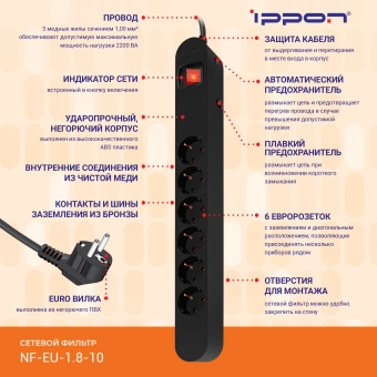 Сетевой фильтр Ippon NF-EU-1.8-10 1.8м (6 розеток) черный (коробка) от магазина РЭССИ
