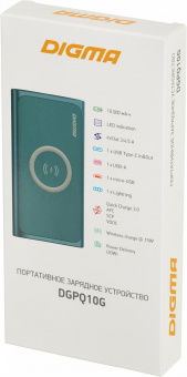 Мобильный аккумулятор Digma DGPQ10G 10000mAh 3A QC PD 20W 1xUSB беспров.зар. зеленый (DGPQ10G22CGN) от магазина РЭССИ