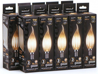 Лампа светодиодная Gauss Filament 9Вт цок.:E14 свеча на ветру 220B 2700K св.свеч.бел.теп. CF35 (упак.:1шт) (104801109) от магазина РЭССИ