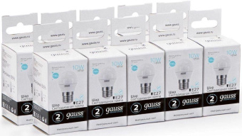 Лампа светодиодная Gauss Elementary 10Вт цок.:E27 шар 220B 4100K св.свеч.бел.нейт. (упак.:10шт) (53220) от магазина РЭССИ