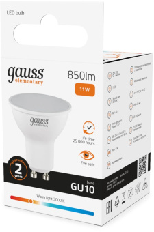Лампа светодиодная Gauss Elementary 13611 11Вт цок.:GU10 софит 180B св.свеч.бел.теп. (упак.:10шт) от магазина РЭССИ