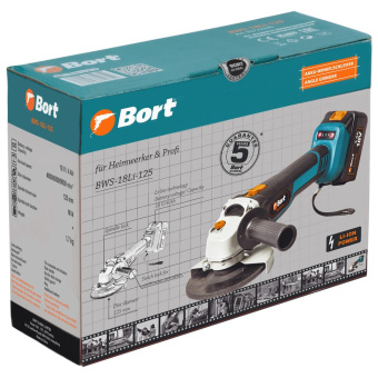 Углошлифовальная машина Bort BWS-18Li-125 1000Вт 9000об/мин рез.шпин.:M14 d=125мм (93722340) от магазина РЭССИ