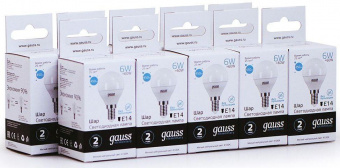 Лампа светодиодная Gauss Elementary 6Вт цок.:E14 шар 220B 4100K св.свеч.бел.нейт. (упак.:10шт) (53126) от магазина РЭССИ